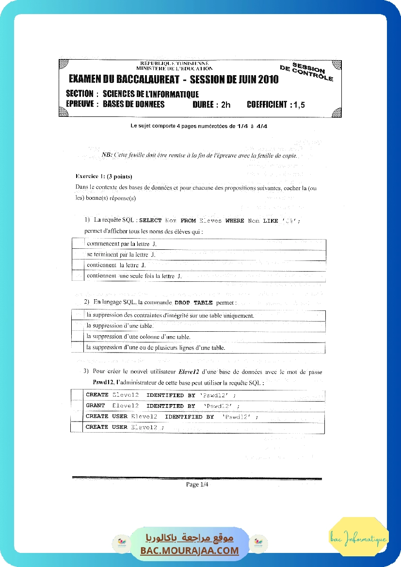 Sujet controle bd Bac 2010 – Section info